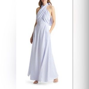 VICI Collection Stripe Halter Maxi Dress in White/Blue